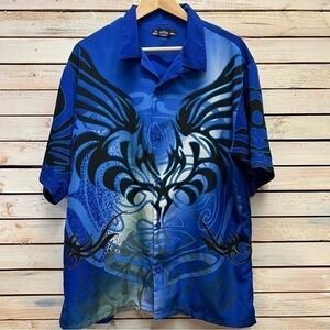 Y2K Vintage Mens Tribal Graphic Print Button Up Short Sleeve Shirt Sz M